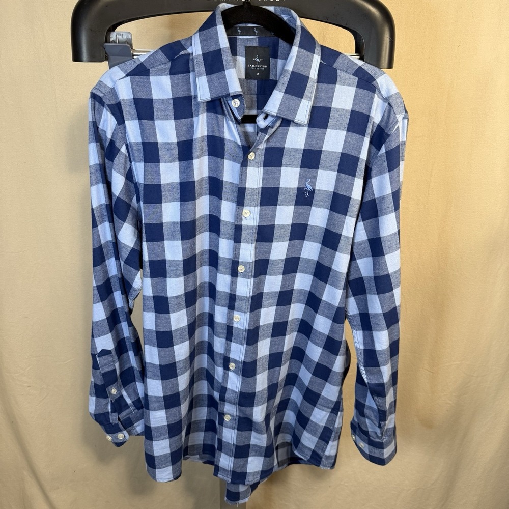 Tailorbyrd Shirt Mens Button Up Blue Flannel‎ Plaid Stretch M Long Sleeve